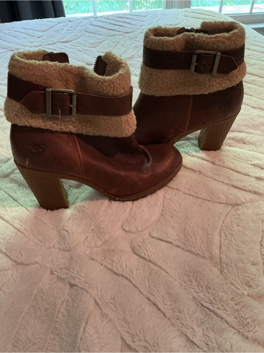 Timberland Brown Leather Shearling-Cuff Ankle Boots